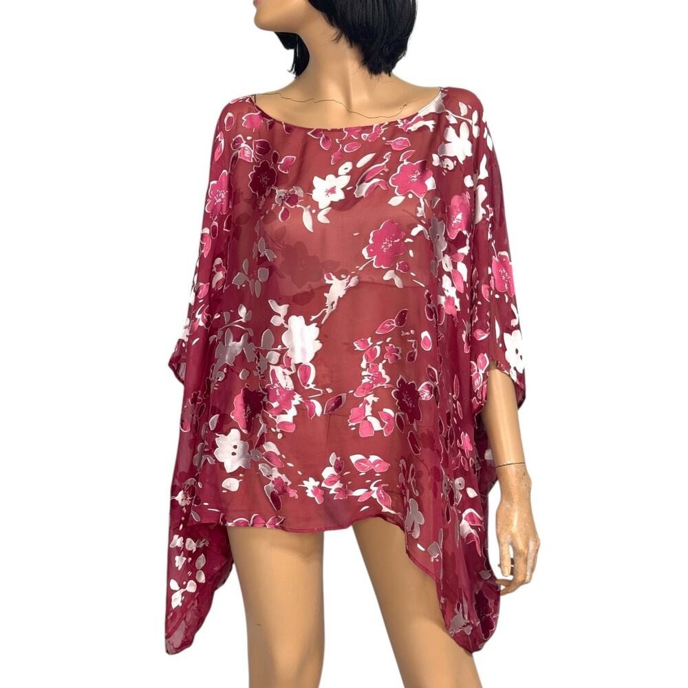 CITIKNITS Silk Chiffon Kimono Top L Cherry Red Floral Whimsigoth